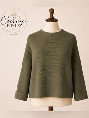 White Birch Olive Green Ribbed Oversized Sweater Size Large Elevated Classic